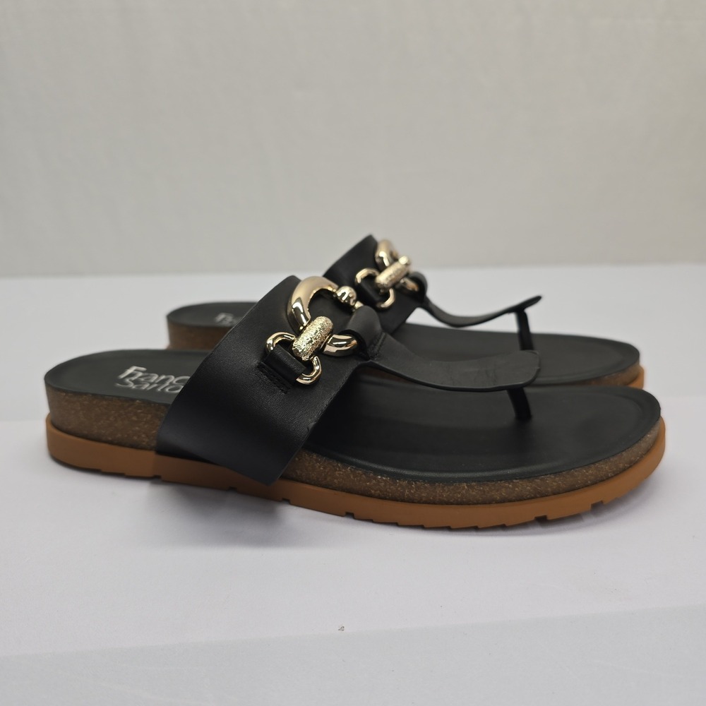 Franco‎ Sarto Brielle Black Leather Gold Chain Thong Sandals Womens 8.5M